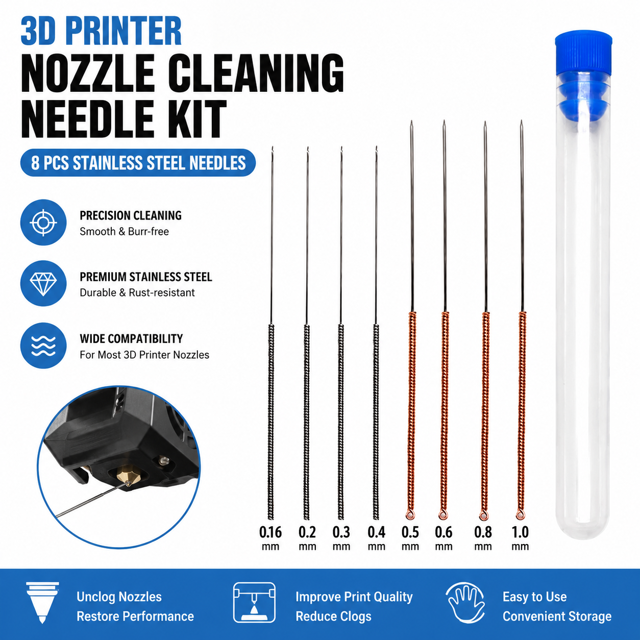 3D Printing Stainless Steel - 3D Printer Nozzle Cleaning Kit 0.16/0.2/0.3/0.4/0.5/0.6/0.8mm/1.0mm