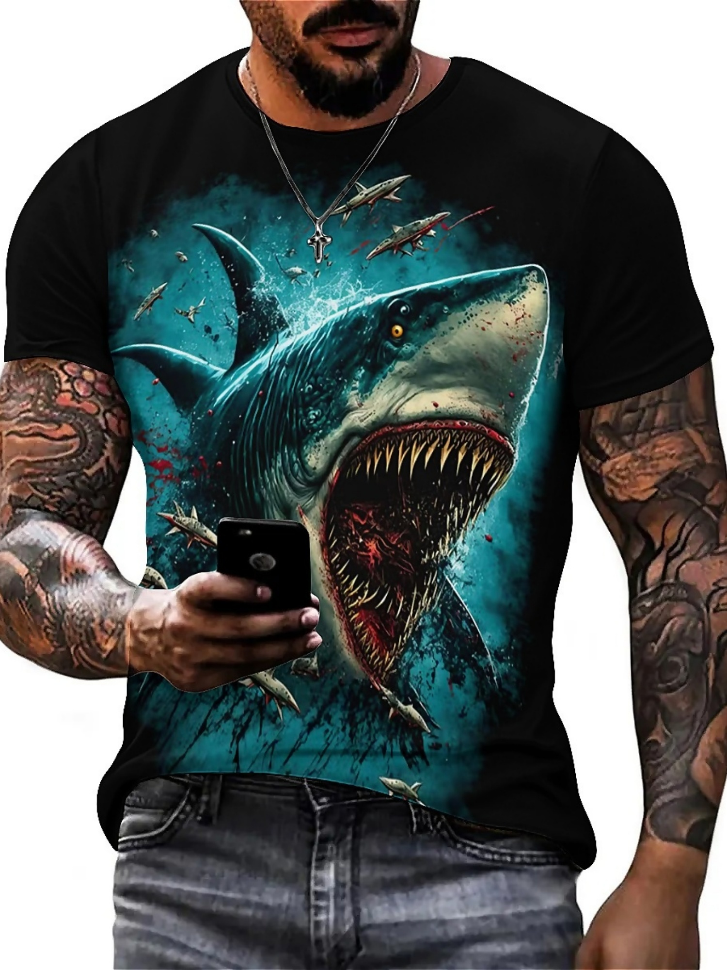 Men's 3D Shark Print T-Shirt - - 3D Printing Designing incelemesi ve fiyatı
