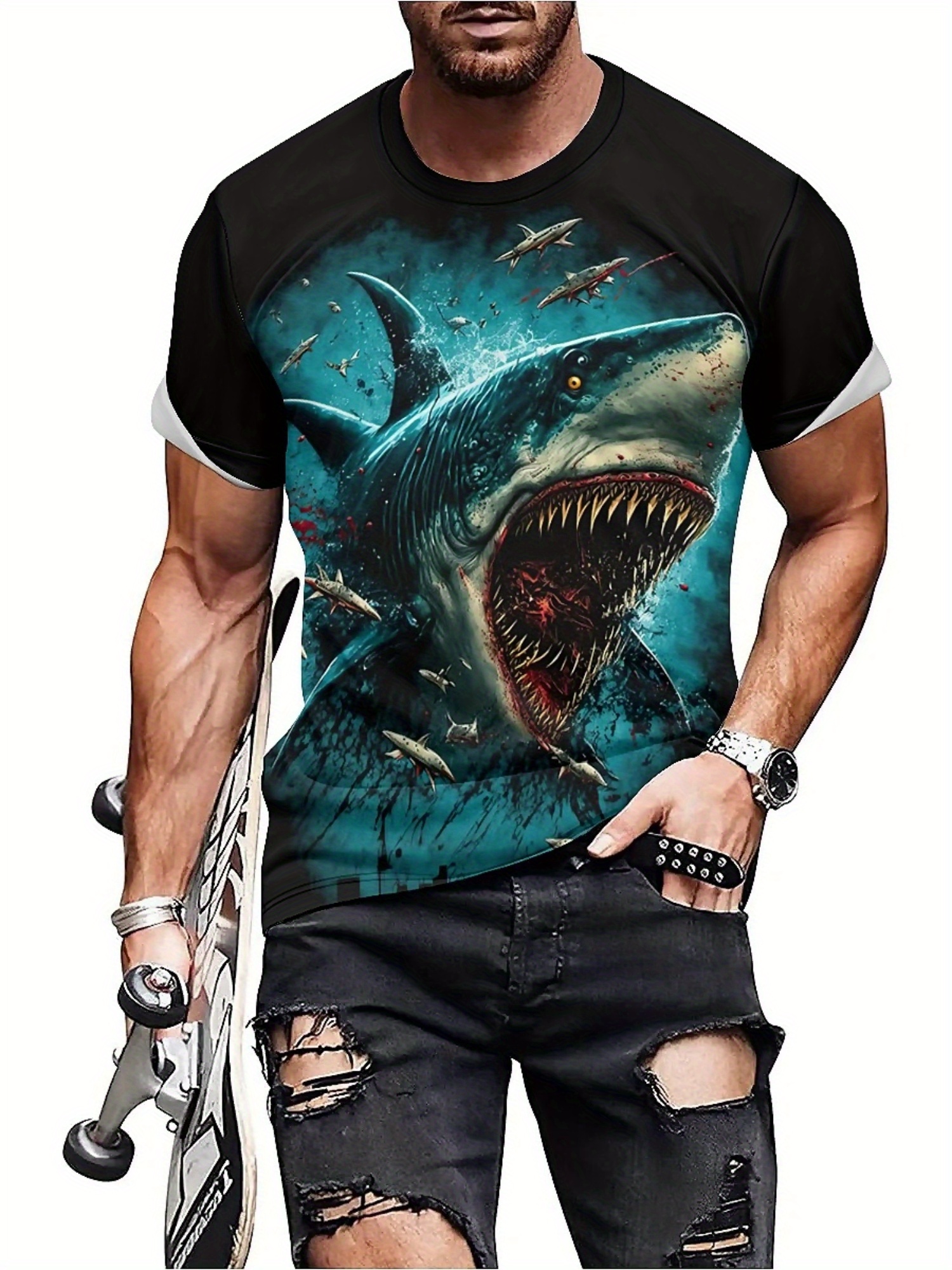 Men's 3D Shark Print T-Shirt - - 3D Printing Designing incelemesi ve fiyatı